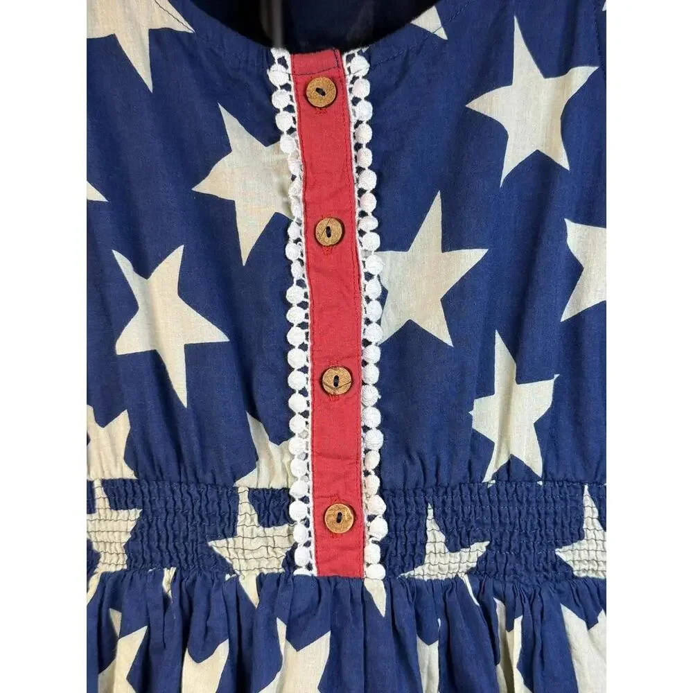 Yo Baby Dress Girls 13 Blue Star Sleeveless Ruffle Hem‎ Smocked Waist Patriotic